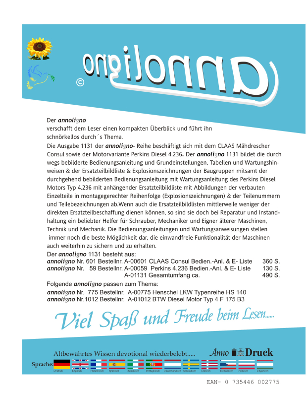 CLAAS Mähdrescher Consul & Perkins Diesel 4.236 Bild Bedienungsanleitung-en Bild- Ersatzteilliste-n mit Explosionszeichnungen - annoligno 1131